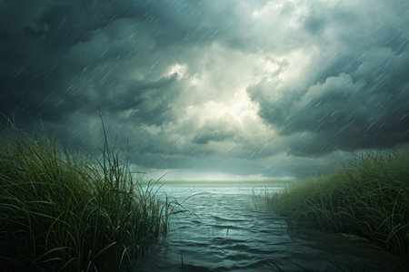 This photo captures a painting of storm clouds gathering above a vast body of water, creating a dramatic and powerful scene, Calm before the storm, AI Generatedの素材