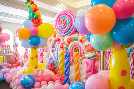 A vibrant room filled with a multitude of balloons and an assortment of candy, Candyland themed balloons for a sweet birthday celebration, AI Generatedの素材