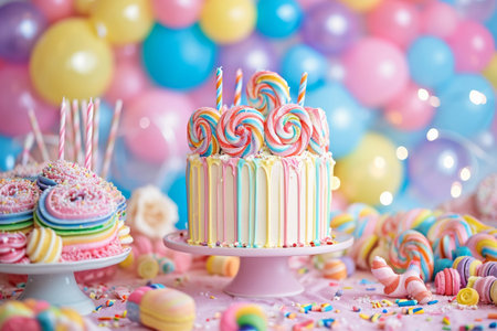 Table Topped With Candy-Covered Cake, Candyland inspired birthday background with sweet treats, AI Generatedの素材
