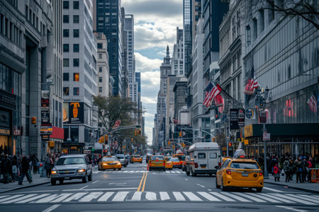 A city street packed with numerous vehicles driving amidst tall, towering buildings, Busy street view of New York with towering skyscrapers, AI Generatedの素材
