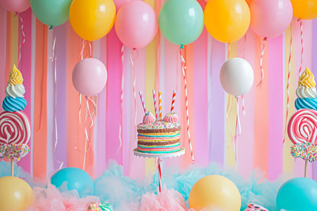 A colorful birthday cake sits in the center of a table, surrounded by vibrant balloons and festive streamers, Candyland inspired birthday background with sweet treats, AI Generatedの素材