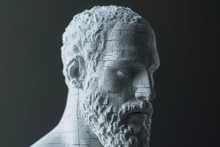 A white statue of a man with a beard stands tall and stoic in a prominent pose, Bust of a Greek statue built using binary numbers, AI Generatedの素材