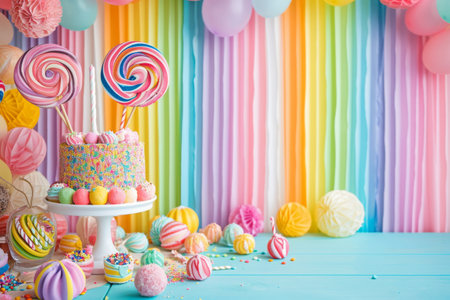 A vibrant birthday cake adorned with a variety of lollipops on top, ready for a celebration, Candyland inspired birthday background with sweet treats, AI Generatedの素材