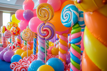 A variety of colorful lollipops arranged neatly in a row on a tabletop, Candyland themed balloons for a sweet birthday celebration, AI Generatedの素材