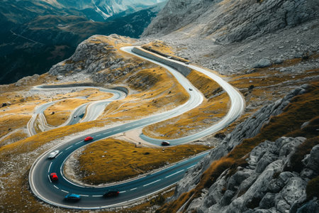 A rocky and curvy road winds through the mountains, surrounded by untamed wilderness, Cars winding their way up a mountain pass - top view, AI Generatedの素材
