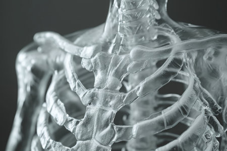 This x-ray image displays a detailed view of the human skeleton, showcasing the structure and arrangement of bones, Capturing the human ribs in a detailed 3D X-ray film, AI Generatedの素材