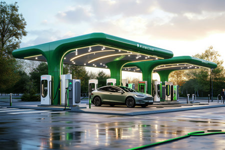 A car is parked in front of a gas station, with the fuel pump and signage visible, Charging stations replacing traditional petrol stations, AI Generatedの素材