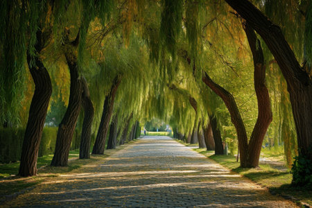 A road winds through a landscape rich with trees, their vibrant green leaves lining the path, Charming alley surrounded by willow trees in a park, AI Generatedの素材