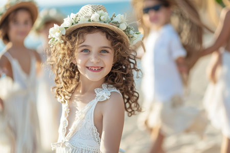A little girl wearing a white dress and a flower crown smiles while posing for the camera, Children playing around in a boho-themed beach wedding, AI Generatedの素材