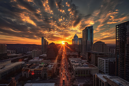 The photo captures the stunning moment when the sun is setting over a city, casting a warm glow on the tall buildings, City sunset over Austin's downtown area, AI Generatedの素材