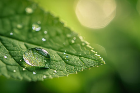A close-up photo of a single green leaf covered in sparkling water droplets, Close-up shot of a dew drop on a leaf, AI Generatedの素材