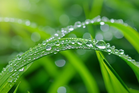 A detailed shot showcasing tiny water droplets clinging to the surface of a single blade of grass, Close-up of dew drops on a blade of grass, AI Generatedの素材