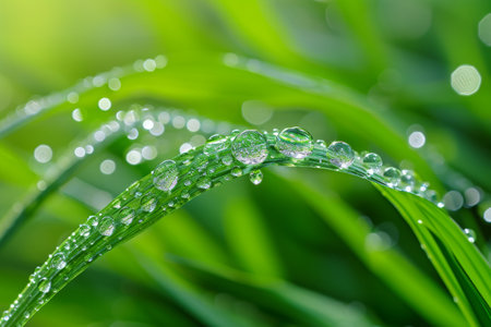 A detailed view capturing the water droplets resting on the surface of a single blade of grass, Close-up of dew drops on a blade of grass, AI Generatedの素材
