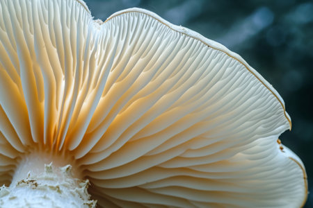 A detailed photograph showcasing a mushroom up close, with a blurred background creating a shallow depth of field effect, Close-up shot of a mushroom's gills, AI Generatedの素材