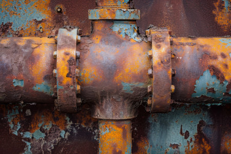 A close-up photograph of a rusty pipe with oxidized residue on its surface, Close-up of the texture of a rusted industrial pipeline, AI Generatedの素材