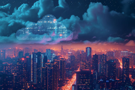 An image capturing the nighttime cityscape with a single cloud hovering in the sky, Cloud storage servers in a night-time cityscape, AI Generatedの素材