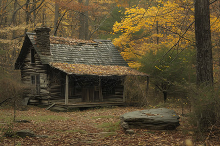 A log cabin nestled among the trees in a forest setting, Cobweb laden rustic cabin in the woods, AI Generatedの素材
