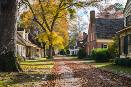A dirt road with multiple houses and tall trees in the background, showcasing the suburban landscape, Colonial architecture of Williamsburg, Virginia, AI Generatedの素材