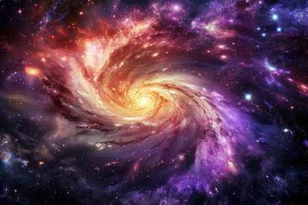 This photo captures a spiral galaxy surrounded by countless stars, showcasing the vastness of the universe, Colorful space storms amidst the spiral arms of a galaxy, AI Generatedの素材