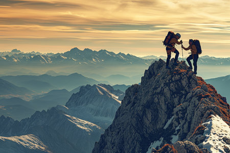 Two individuals standing on the peak of a mountain, joining hands in a display of unity and accomplishment, Comradeship tested as one hiker aids another towards the mountain peak, AI Generatedの素材