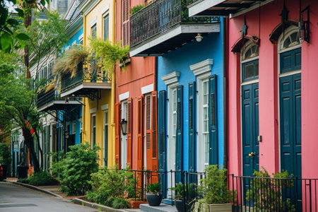 A vibrant row of houses in various hues lines a bustling city street, showcasing the lively architecture and urban atmosphere, Colorful townhouses in New OrleansÃ¢â¬â¢ French Quarter, AI Generatedの素材