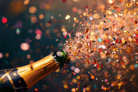 A photo capturing the moment a bottle of champagne is filled with colorful confetti, creating a celebratory atmosphere, Confetti exploding from a champagne bottle, AI Generatedの素材
