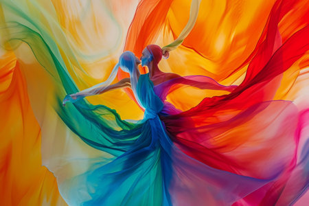 This photo showcases a vibrant painting of a woman wearing a colorful dress, Colors and forms dancing together in a harmonic ballet, AI Generatedの素材