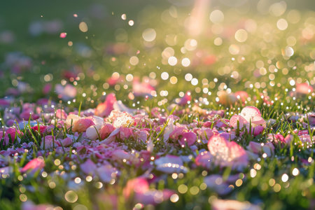 A Field Filled With Pink Flowers Covered in Dew, Confetti gently resting on dew-kissed grass after an early morning celebration, AI Generatedの素材