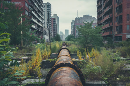 A photo capturing a train track running through a bustling cityscape with tall buildings towering on either side, Contrasting image of a worn-out pipeline in a modern city, AI Generatedの素材