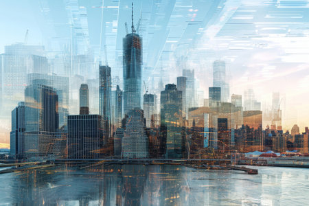 Digital Painting of a City Skyline at Sunset, Construction progression superimposed on a future urban skyline, AI Generatedの素材