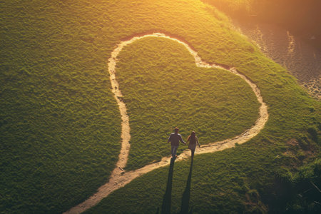 Two individuals stand on a path shaped like a heart, Couple holding hands, walking on a heart-shaped path, AI Generatedの素材