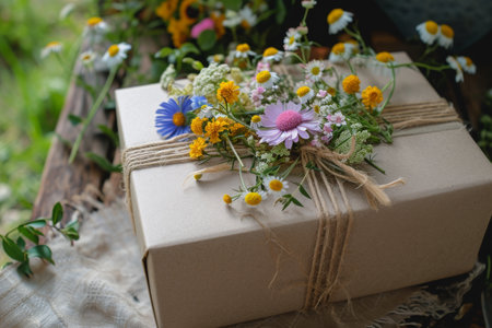 A gift, wrapped in brown paper and secured with a string, ready to be presented to someone special, Cottagecore inspired gift box with wildflowers, AI Generatedの素材