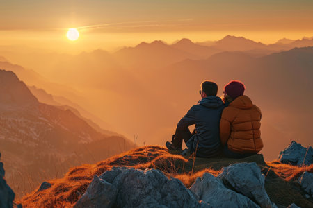A couple of people sitting on a mountain peak, enjoying the panoramic view around them, Couple watching sunrise on a mountaintop on Valentine's Day, AI Generatedの素材