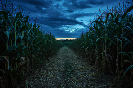 A photo of a corn field under a dark sky, showcasing the contrast between the crops and the ominous weather, Corn maze under the indigo twilight, AI Generatedの素材