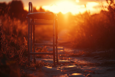 A wooden chair sits in the middle of a vast field of grass, under a clear blue sky, Crutches bathed in warm sunset light, AI Generatedの素材