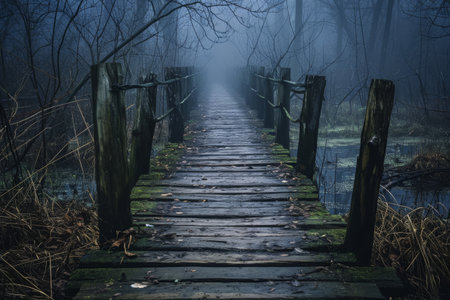 A wooden bridge spanning across a lush green forest, connecting two sides of the landscape, Creaky wooden bridge over a sinister swamp, AI Generatedの素材