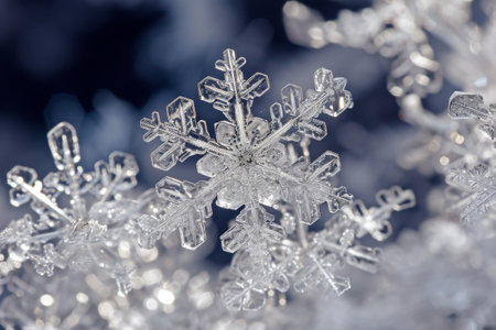 This close-up photo showcases a single snowflake on a vibrant blue background, revealing intricate details, Crystalline snowflakes up close, AI Generatedの素材
