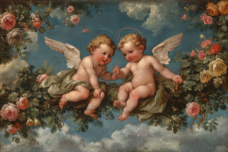 This photo captures a painting showcasing two cherubs against a vibrant floral background, Cupids playing in a celestial garden, AI Generatedの素材