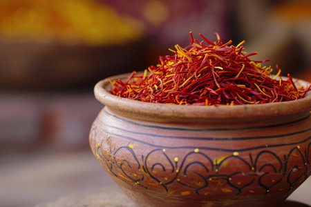 A flavorful dish of saffron rice is placed in a bowl on a table, showcasing its vibrant yellow color, Cupful of saffron threads, rich red colour, AI Generatedの素材