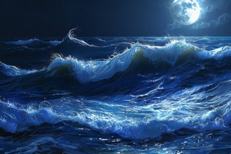 A painting capturing the beauty of a full moon shining brightly over the ocean, illuminating the calm waters, Dark blue ocean waves crashing with an overlay of bright moonlight, AI Generatedの素材