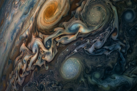 This close-up photo showcases the atmospheric layers surrounding a planet, highlighting its composition and structure, Deep cyclones swirling on JupiterÃ¢â¬â¢s surface, AI Generatedの素材