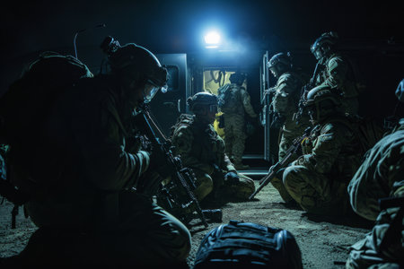 Group of Soldiers in a Dark Room, Delta Force team preparing their gear for a night-time rescue mission, AI Generatedの素材