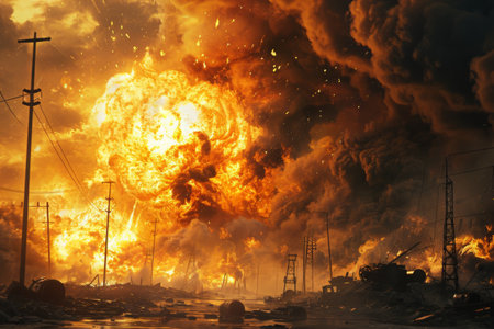 A jaw-dropping photograph showcasing a tremendous explosion, vividly capturing the intense release of energy and resulting fireball, Depiction of a massive pipeline explosion, AI Generatedの素材