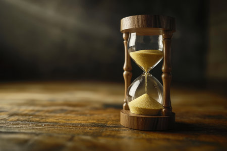 An hourglass made of glass and filled with sand sits on top of a wooden table, Depiction of time as sand flowing through an hourglass, AI Generatedの素材
