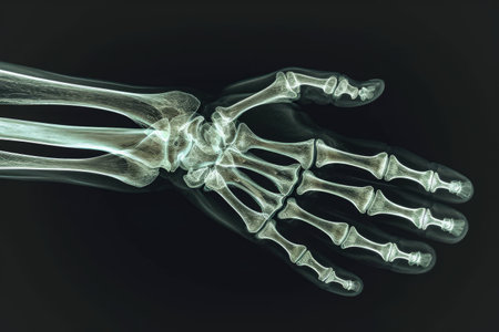 This is an x-ray image that provides a clear view of the internal structure of a human hand, Detailed X-ray of the fingers, AI Generatedの素材
