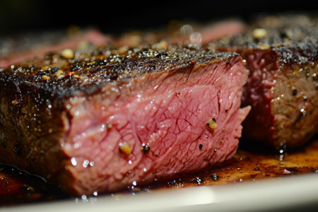 Close Up of a Piece of Steak on a Plate, Detail-rich steak with a golden seared crust and juicy red interior, AI Generatedの素材