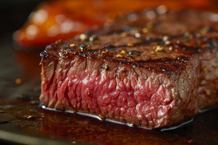A detailed view of a steak, perfectly cooked and served on a plate, Detail-rich steak with a golden seared crust and juicy red interior, AI Generatedの素材