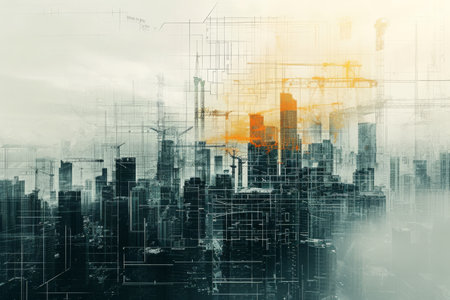 An abstract depiction of a cityscape with vibrant yellow and black colors dominating the scene, Double exposure of a cityscape and associated construction blueprints, AI Generatedの素材