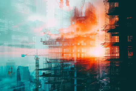 A photograph capturing a city with visible scaffolding in the background, showcasing ongoing construction work, Double exposure concept of construction in a futuristic city, AI Generatedの素材