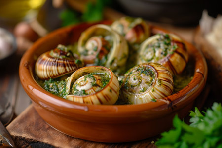A detailed image capturing the close-up view of a bowl containing numerous snails placed on a table, Dish of exotic Escargot with garlic herb butter, AI Generatedの素材